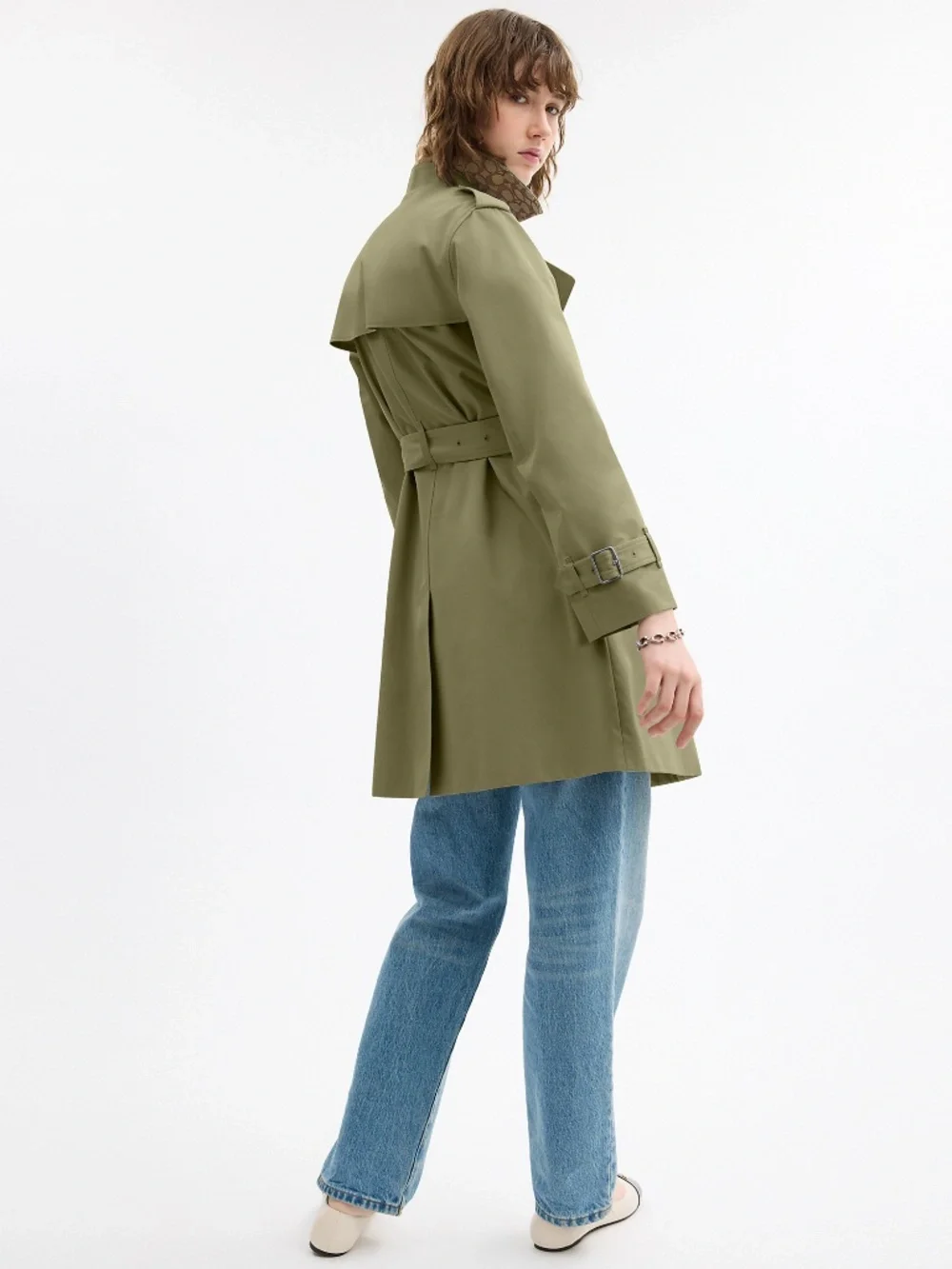 Coach Mid Trench raincoat jacket; Elm olive green; lined & belted